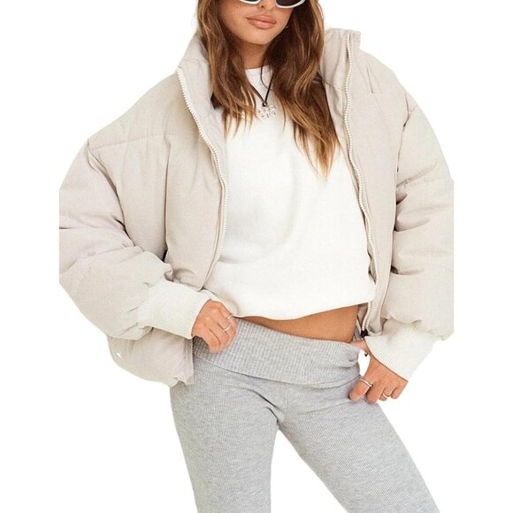 Women's Puffer Jacket Oversized Cropped Puffy Quilted Winter Jackets Coat Khaki - Picture 1 of 6